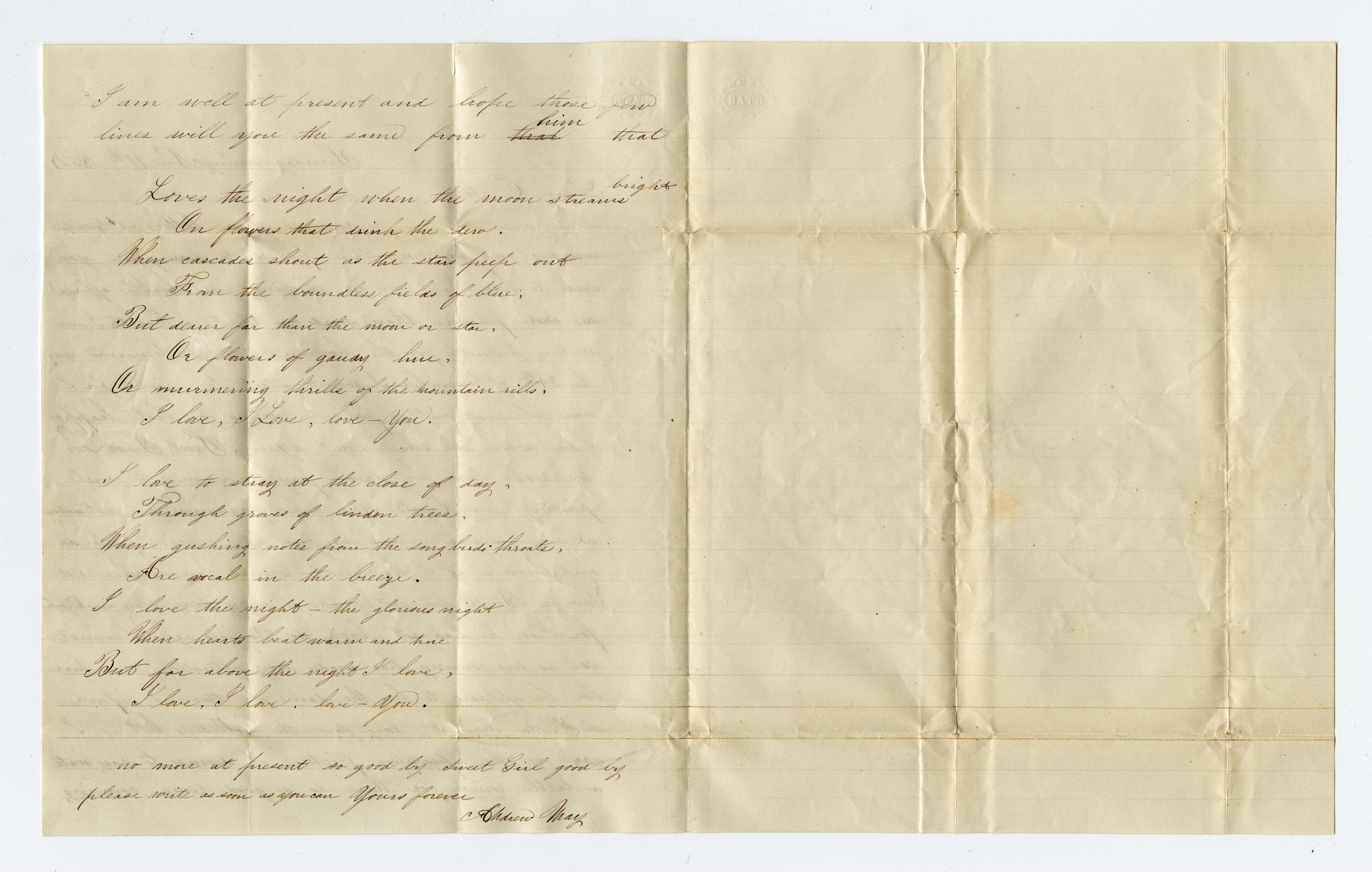 Poem from Andrew May to Erecta Morey